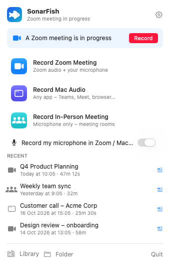 SonarFish menu with recording options